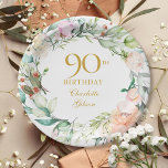 Floral Roses Garland 90th Birthday Paper Plate<br><div class="desc">Featuring a delicate watercolor floral garland,  this chic botanical 90th birthday napkin can be personalized with your special ninetieth birthday information in elegant gold text. Designed by Thisisnotme©</div>