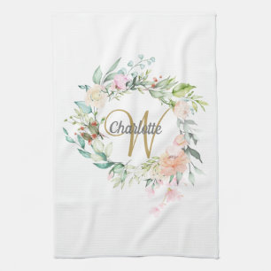 Floral Roses Gold Script Monogram Kitchen Towel