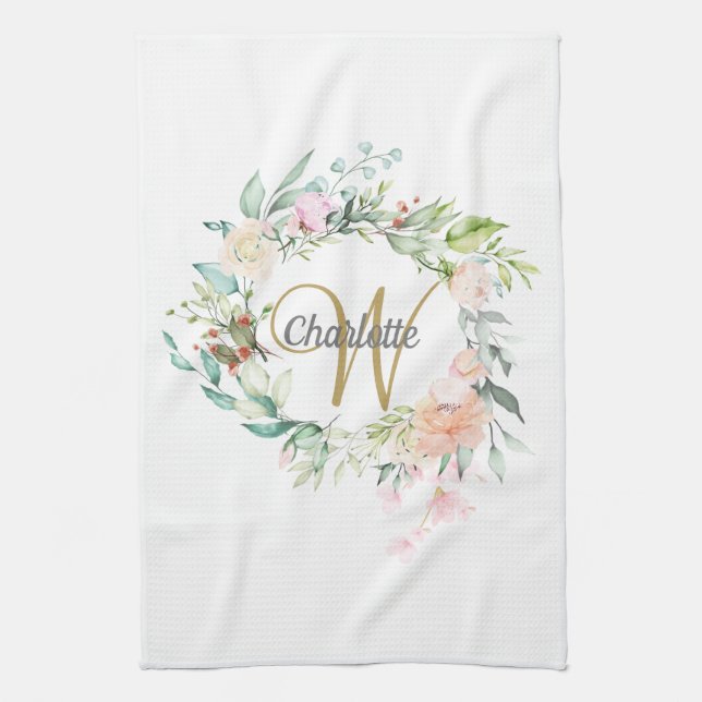 Floral Roses Gold Script Monogram Kitchen Towel (Vertical)