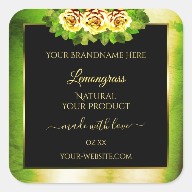 Floral Roses Green Marble Black Gold Product Label (Front)