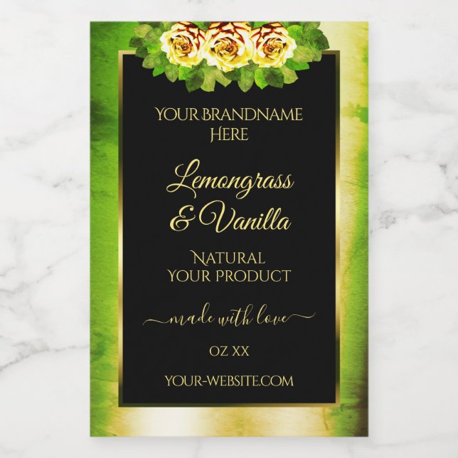 Floral Roses Green Marble Black Gold Product Label (Single Label)