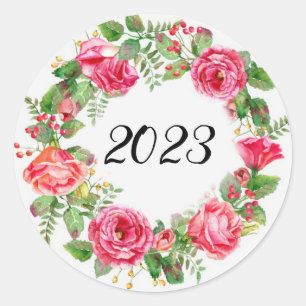 Floral roses New Year wreath Classic Round Sticker
