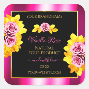Floral Roses Pink Black Product Labels Gold Frame