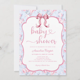 Floral Roses Pink Bow Baby Shower Invitation