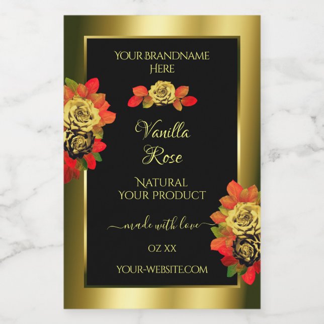 Floral Roses Product Labels Black Shimmery Golden (Single Label)