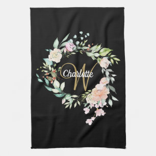 Floral Roses Script Monogram Gold Black Kitchen Towel