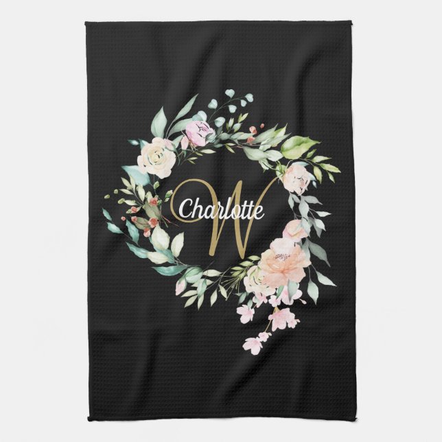 Floral Roses Script Monogram Gold Black Kitchen Towel (Vertical)