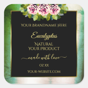 Floral Roses Teal Marble and Black Product Labels