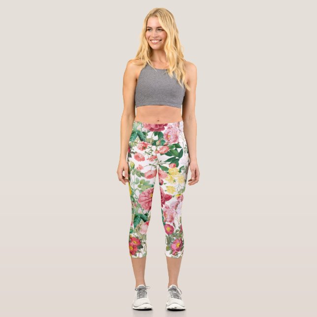 Floral Roses Vintage Spring Garden  Capri Leggings (Front)