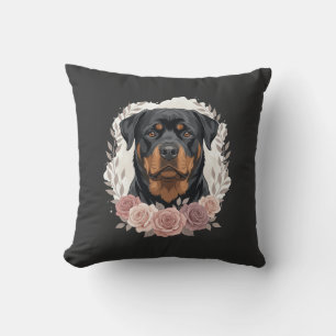 Floral Rottweiler Dog Portrait Sublimation Throw Pillow