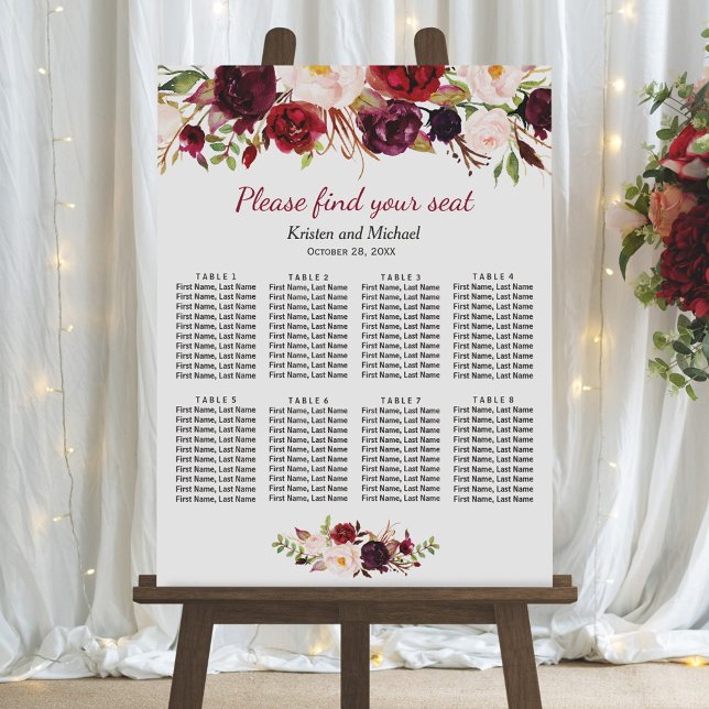 Floral rouge Bourgogne 8 tables Tableau Mariage de (Créateur téléchargé)