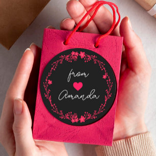 Floral Round Frame Heart Custom Name Favour Classic Round Sticker