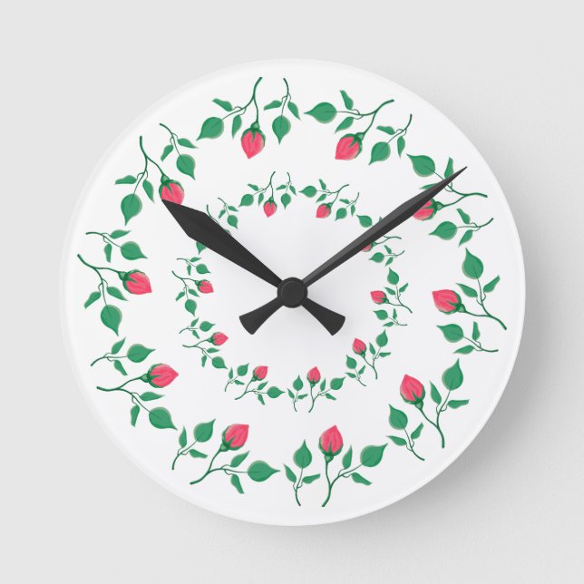 Floral round frame with pink rose flowers  clock (Front)