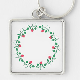 Floral round frame with pink rose flowers  keychain