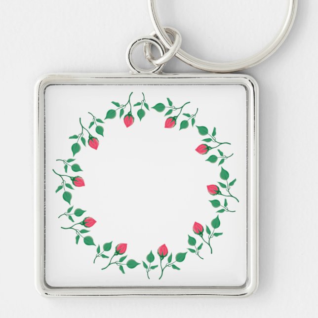 Floral round frame with pink rose flowers  keychain (Front)