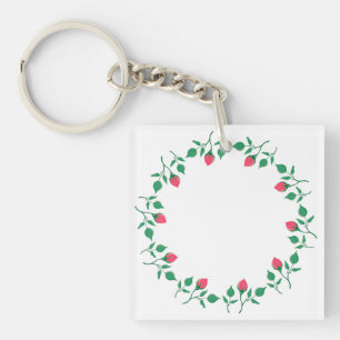 Floral round frame with pink rose flowers  keychain
