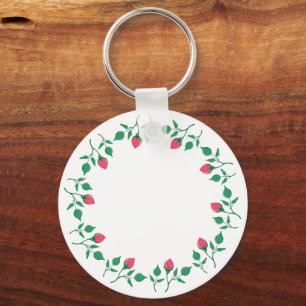 Floral round frame with pink rose flowers keychain