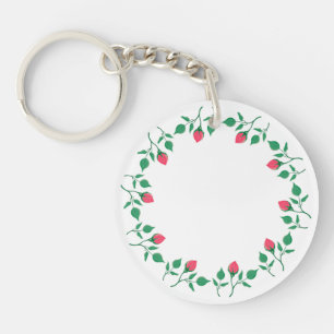 Floral round frame with pink rose flowers keychain