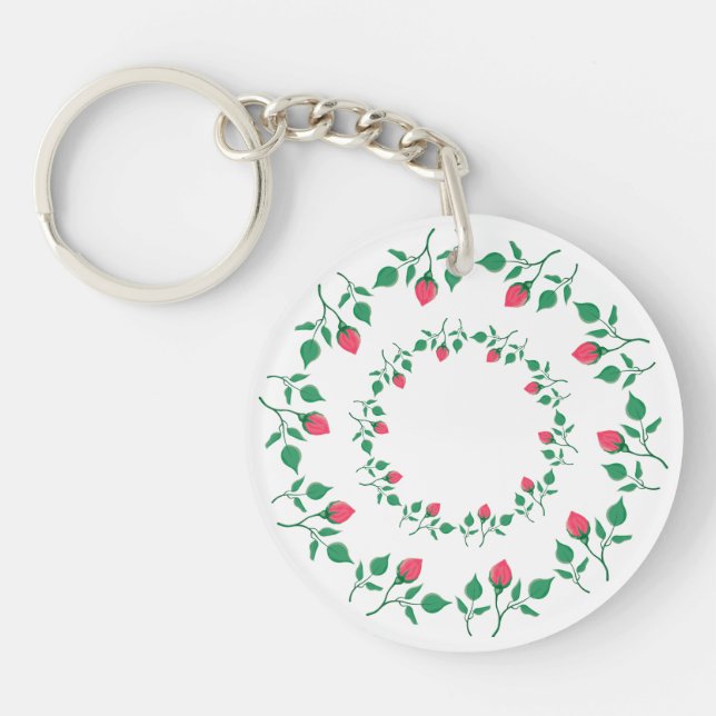 Floral round frame with pink rose flowers   keychain (Front)