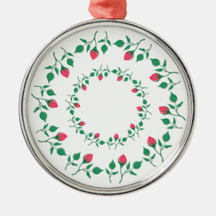 Floral round frame with pink rose flowers metal ornament