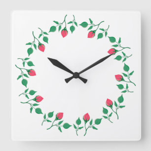 Floral round frame with pink rose flowers square wall clock