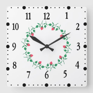 Floral round frame with pink rose flowers square wall clock