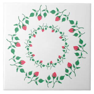 Floral round frame with pink rose flowers tile