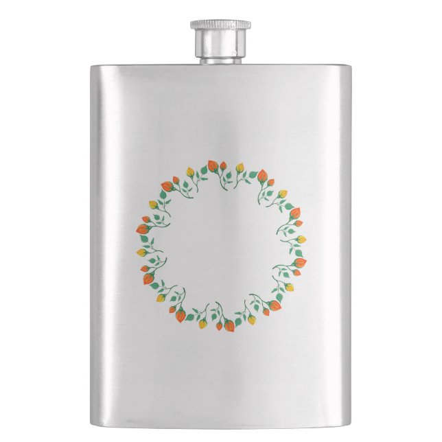 Floral round frame with yellow and red rose flower hip flask (Front)