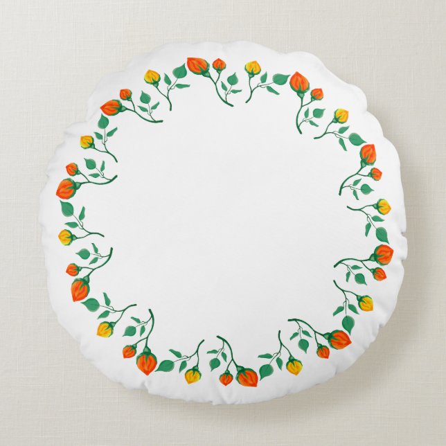 Floral round frame with yellow and red rose flower pillow (Front)