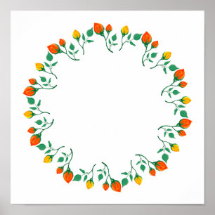 Floral round frame with yellow and red rose flower poster