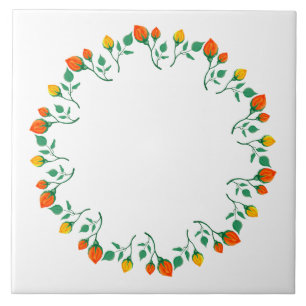 Floral round frame with yellow and red rose flower tile