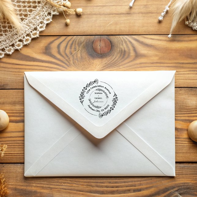 Floral Round Wreath Wedding Return Address Rubber Stamp (Creator Uploaded)