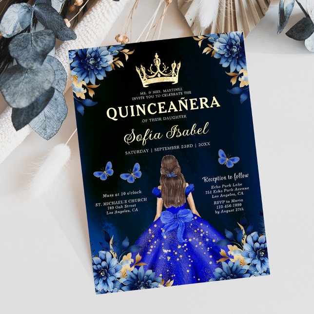 Floral Royal Blue Bilingual Spanish Quinceanera Invitation (Creator Uploaded)