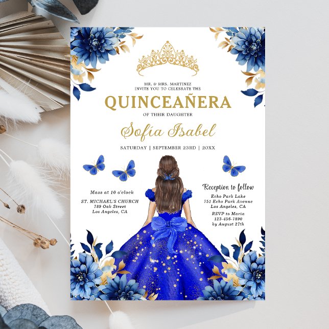 Floral Royal Blue Bilingual Spanish Quinceanera Invitation (Creator Uploaded)