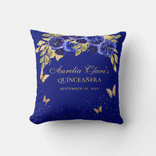 Floral Royal Blue Gold Tiara Butterfly Quinceanera Throw Pillow