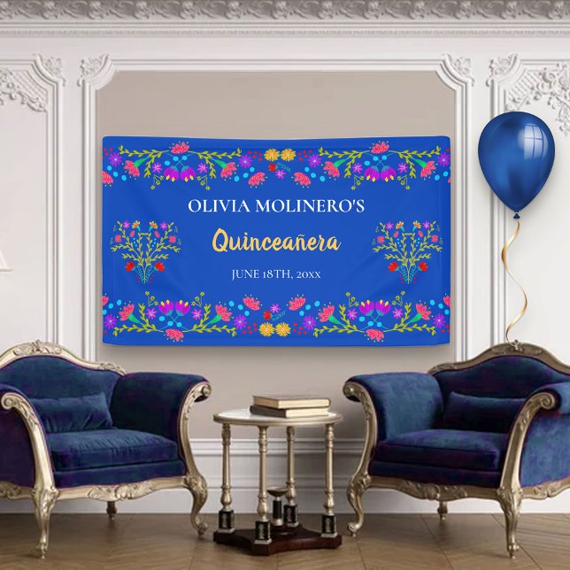 Floral Royal Blue Mexican Quinceanera Welcome Banner (Creator Uploaded)