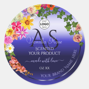 Floral Royal Blue Product Labels Monogram Add Logo