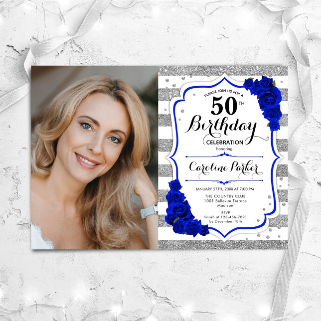 Floral Royal Blue Silver White Photo 50th Birthday Invitation (Creator Uploaded)