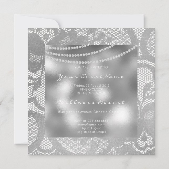 Floral Royal Silver Glass Grey Lace Bridal Shower Invitation (Front)