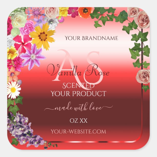 Floral Ruby Red Gradient Product Labels Monogram (Front)