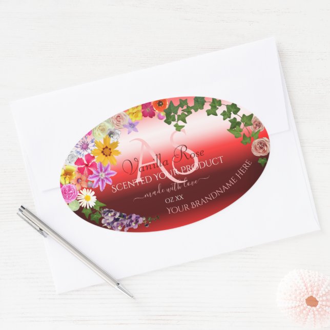 Floral Ruby Red Gradient Product Labels Monogram (Envelope)