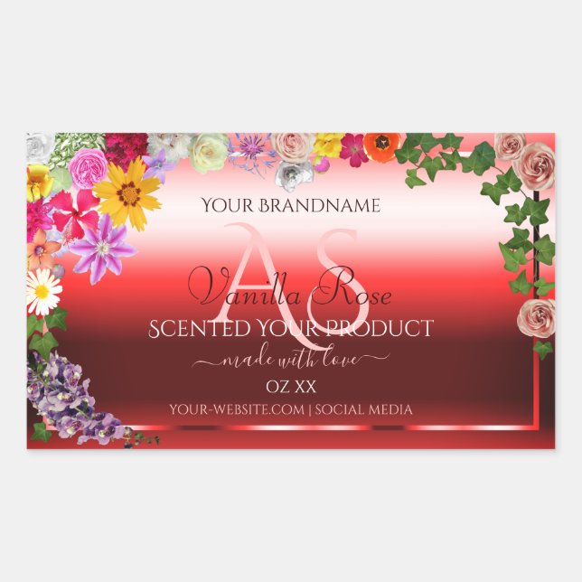 Floral Ruby Red Gradient Product Labels Monogram (Front)