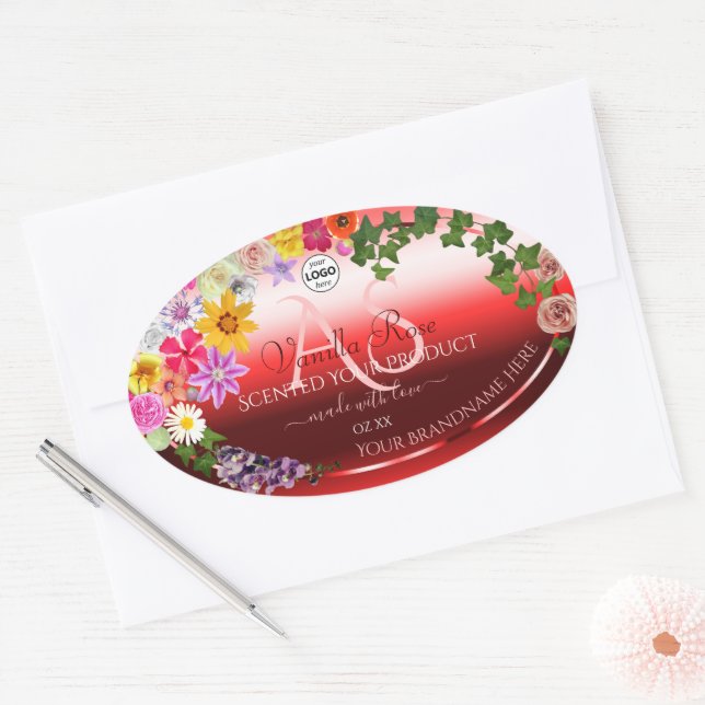 Floral Ruby Red Ombre Product Labels Monogram Logo (Envelope)