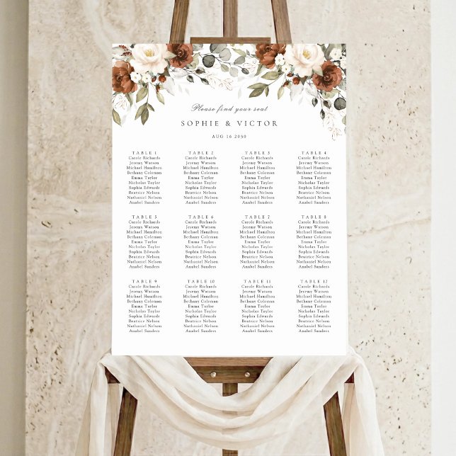 Floral Rust Cream 12 Tables Wedding Seating Chart (Creator Uploaded)