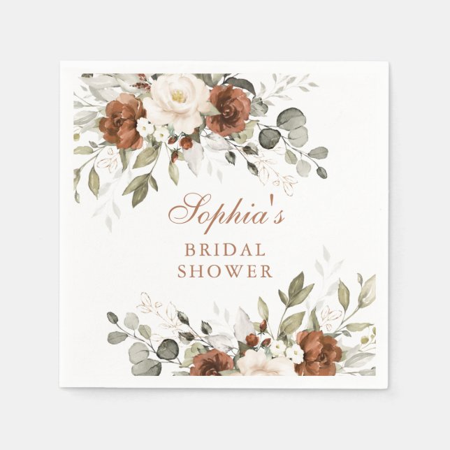 Floral Rust Cream Greenery Gold Bridal Shower  Napkin (Front)