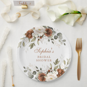 Floral Rust Cream Greenery Gold Bridal Shower Paper Plate