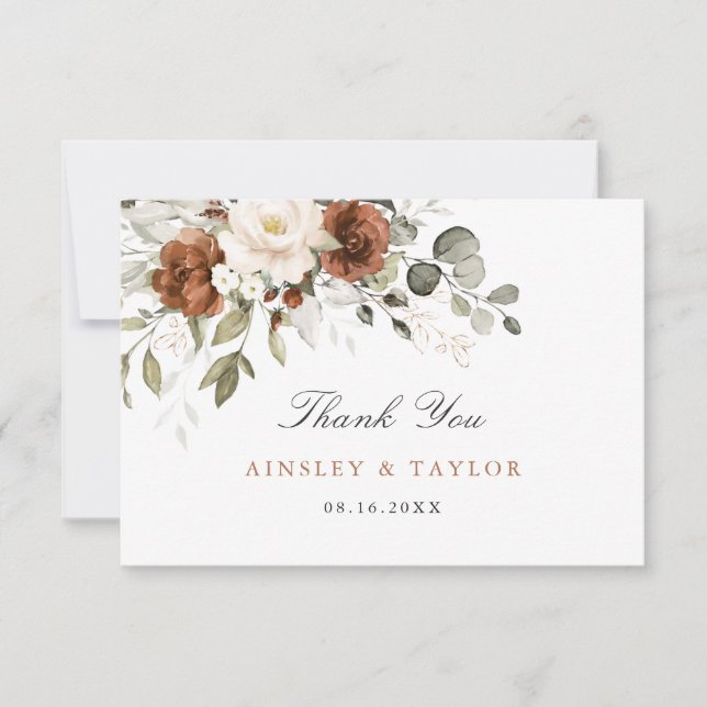 Floral Rust Cream Greenery Wedding Thank You Card (Front)