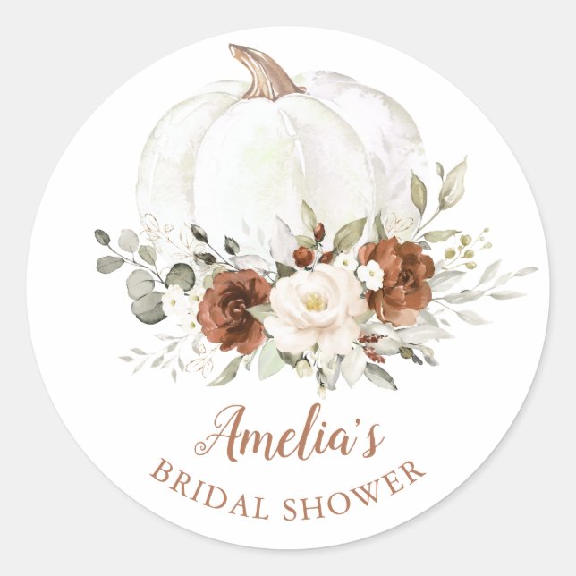 Floral Rust Cream Pumpkin Bridal Shower Classic Round Sticker (Front)