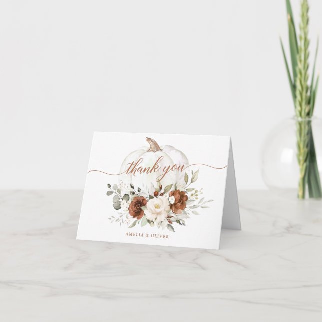 Floral Rust Cream Pumpkin Fall Wedding Thank You Card (Front)