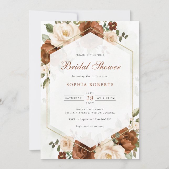 Floral Rust Greenery Gold Geometric Bridal Shower Invitation (Front)
